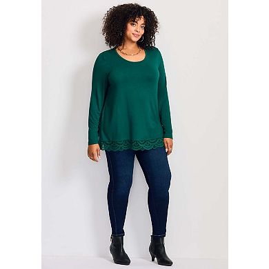 Avenue Women's Plus Size Lace Hem Crewneck Tunic