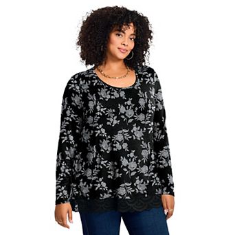 Avenue Women's Plus Size Lace Hem Crewneck Tunic