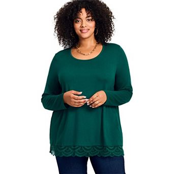Avenue Women's Plus Size Lace Hem Crewneck Tunic