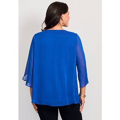 Avenue Women's Plus Size Lurex Stripe Tulip Sleeve Blouse