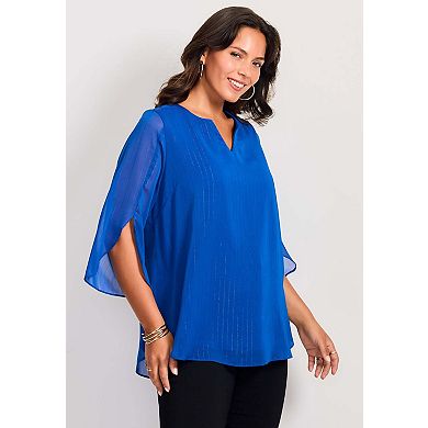 Avenue Women's Plus Size Lurex Stripe Tulip Sleeve Blouse