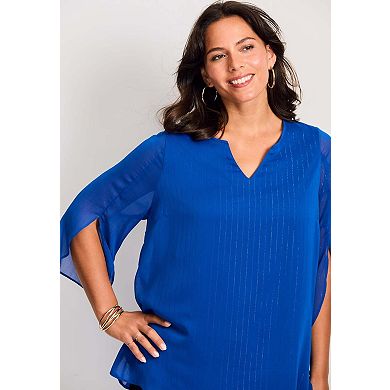 Avenue Women's Plus Size Lurex Stripe Tulip Sleeve Blouse