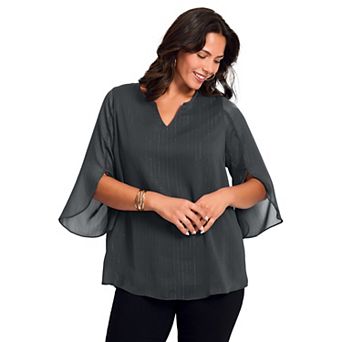 Avenue Women's Plus Size Lurex Stripe Tulip Sleeve Blouse