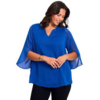 Avenue Women's Plus Size Lurex Stripe Tulip Sleeve Blouse