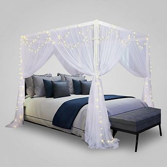 White Bed Canopy with 4 Openings, Ultra-Ripstop Polyester, King/Queen Size, Elegant Bedroom Decor