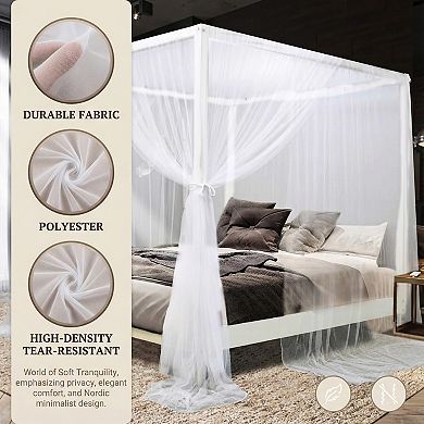 White Bed Canopy with 4 Openings, Ultra-Ripstop Polyester, King/Queen Size, Elegant Bedroom Decor