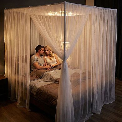 White Bed Canopy with 4 Openings, Ultra-Ripstop Polyester, King/Queen Size, Elegant Bedroom Decor