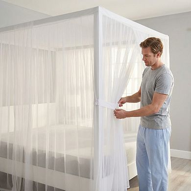 White Bed Canopy with 4 Openings, Ultra-Ripstop Polyester, King/Queen Size, Elegant Bedroom Decor