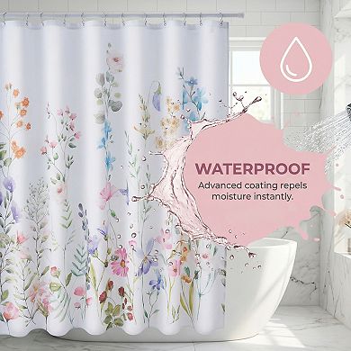 Floral Print Shower Curtain Sets, Waterproof Bath Curtain with 12 Plastic Hooks, Good Drape