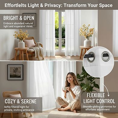 White Textured Voile Sheer Curtains with Grommets - 52x84 Inches