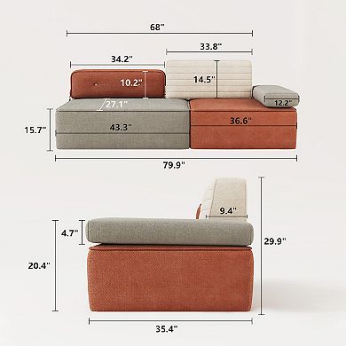79.9" Modern Modular Sofa, Floor Segmented Sofa with Comfortable Cushions and Color-Block Design