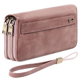 Leather RFID Blocking Wallet with Dual-Zipper, Grip Hand Strap, and Wristlet
