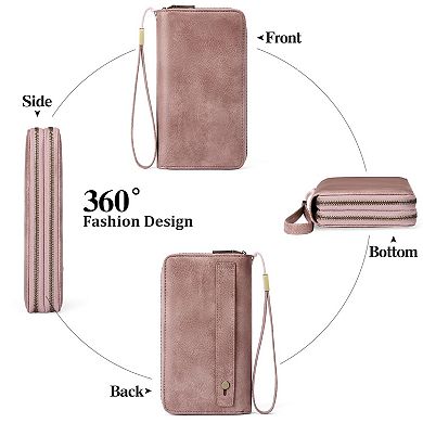 Leather RFID Blocking Wallet with Dual-Zipper, Grip Hand Strap, and Wristlet