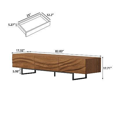 Modern Wave-Front Walnut TV Stand with 3 Drawers, 82" Long Media Console for Living Room