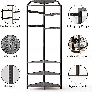 Freestanding Hall Tree with Shoe Bench & 3-Tier Shelves,12-Hook Coat Rack