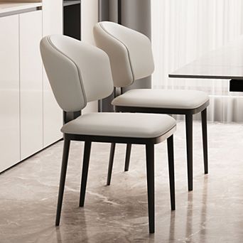 2 pc Modern Upholstered Dining Chairs White and Black Fabric Chairs with Wooden Legs