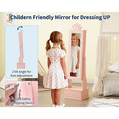 Freestanding Kids Jewelry Armoire Cabinet with LED Mirror and Storage