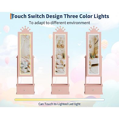 Freestanding Kids Jewelry Armoire Cabinet with LED Mirror and Storage