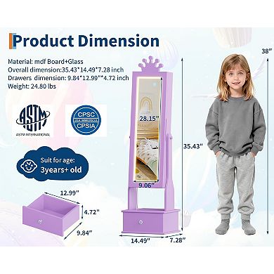 Freestanding Kids Jewelry Armoire Cabinet with LED Mirror and Storage