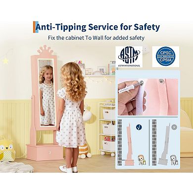 Freestanding Kids Jewelry Armoire Cabinet with LED Mirror and Storage