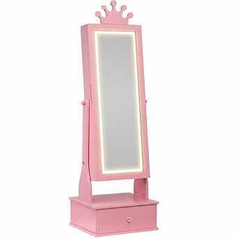 Freestanding Kids Jewelry Armoire Cabinet with LED Mirror and Storage