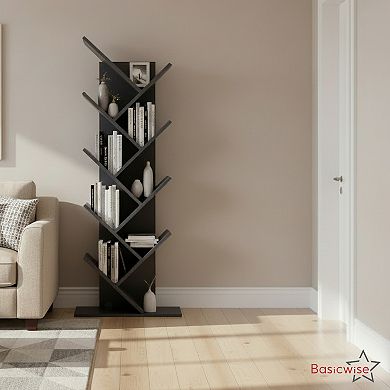 9-Tier Wooden Tree Bookshelf Vertical Book Storage Rack Space-Saving Floor Standing Bookcase