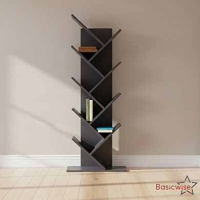 9-Tier Wooden Tree Bookshelf Vertical Book Storage Rack Space-Saving Floor Standing Bookcase