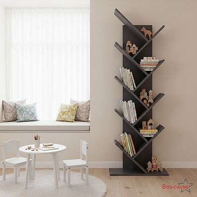 9-Tier Wooden Tree Bookshelf Vertical Book Storage Rack Space-Saving Floor Standing Bookcase