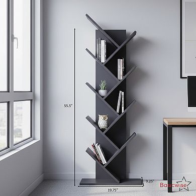 9-Tier Wooden Tree Bookshelf Vertical Book Storage Rack Space-Saving Floor Standing Bookcase