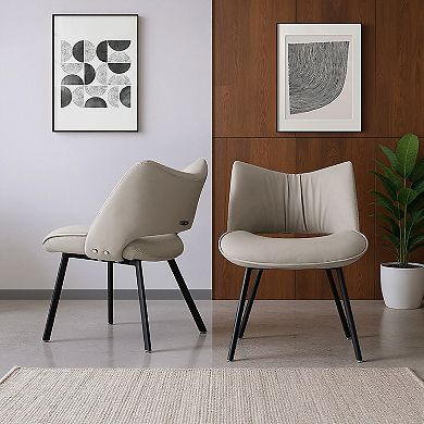 Modern Faux Leather Accent Chair Set 2-Piece Grey Dining & Patio Chairs with Black Metal Legs