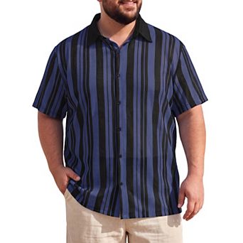 Men's Big and Tall Color Block Striped Shirt Button Down Short Sleeve Summer Casual Shirts