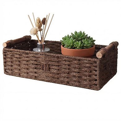 Rectangular Paper Rope Storage Basket with Wood Handles, Brown - 14.5 Inch Toilet Tank Tray
