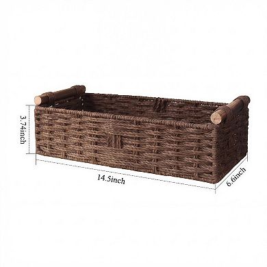 Rectangular Paper Rope Storage Basket with Wood Handles, Brown - 14.5 Inch Toilet Tank Tray
