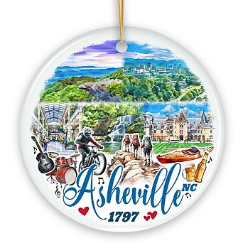 Scenic Asheville Mountain Town Ceramic Ornament, Historic North Carolina Christmas Gift (Circle)