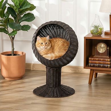 Elevated Rotating Basket Cat Bed House with Plush Cushion