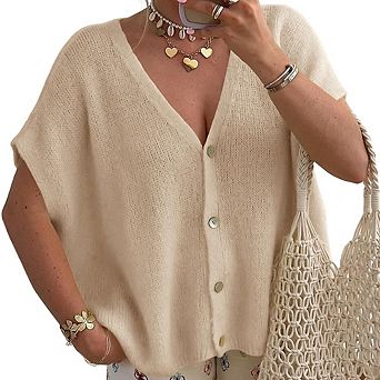 Women's Summer Sleeveless V-Neck Knit Top Single-Breasted Loose Fit Casual Minimalist Cardigan