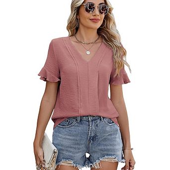 Women's Summer V-Neck Slim Fit T-Shirt Casual Loose Ruffle Hem Versatile Casual Short Sleeve Top
