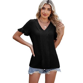 Women's Summer V-Neck Slim Fit T-Shirt Casual Loose Ruffle Hem Versatile Casual Short Sleeve Top