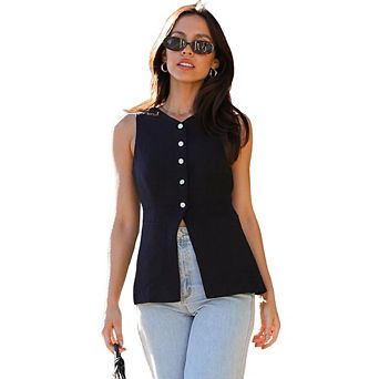Women's Summer V-Neck Button-Down Vest Slim-Fit Sleeveless Trendy Design Top Versatile Outerwear