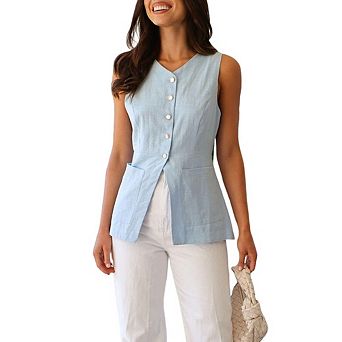 Women's Summer V-Neck Button-Down Vest Slim-Fit Sleeveless Trendy Design Top Versatile Outerwear
