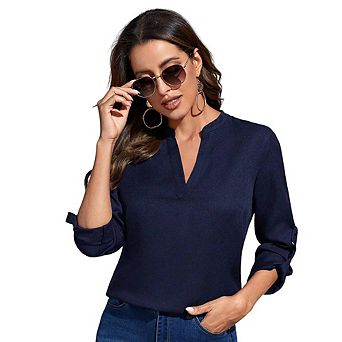 Women's Fashion V-Neck Shirt Roll-Up Sleeves with Button Tabs Daily Long Sleeve Versatile Blouse