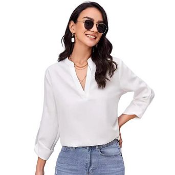 Women's Fashion V-Neck Shirt Roll-Up Sleeves with Button Tabs Daily Long Sleeve Versatile Blouse
