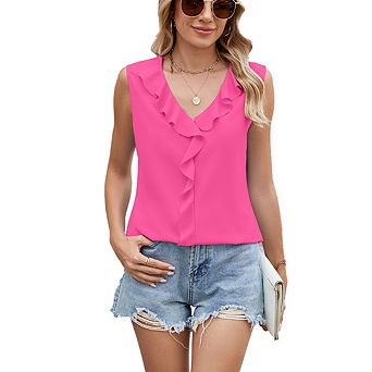 Women's Summer Sweet Chiffon Top Sleeveless V-Neck Pleated Ruffle Trim Loose Versatile Blouse