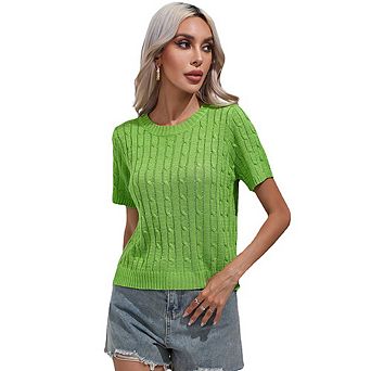 Women's Summer Twist-Knit Short Sleeve Sweater Classic Round Neck Slim Fit Top Versatile T-Shirt