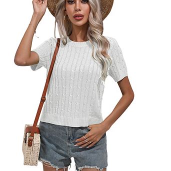 Women's Summer Twist-Knit Short Sleeve Sweater Classic Round Neck Slim Fit Top Versatile T-Shirt