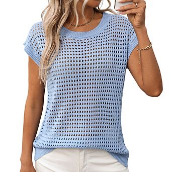 Women's Summer Round Neck Hollow Out Short Sleeve Sun Protection Cover Up Loose Knit Sweater T-Shirt