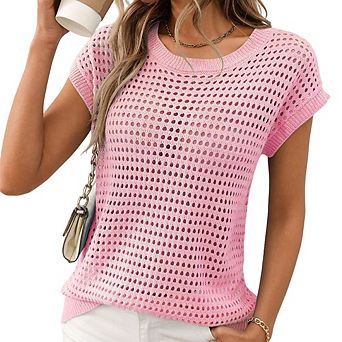 Women's Summer Round Neck Hollow Out Short Sleeve Sun Protection Cover Up Loose Knit Sweater T-Shirt