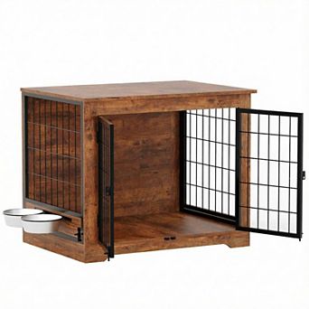 32“ Heavy Duty Dog Crate Furniture Rustic Wooden Dog Cage Kennel w/2 Rotating Dog Bowls