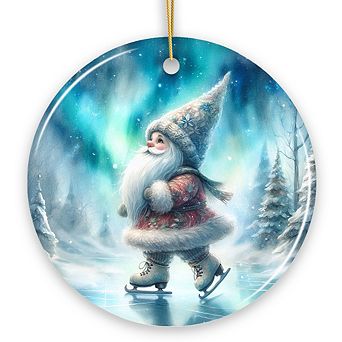 Whimsical Skater Gnome on Ice Ceramic Ornament, Magical Night Christmas Gift and Tree Decor (Circle)