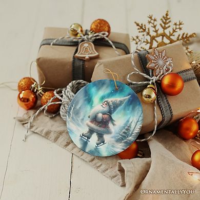 Whimsical Skater Gnome on Ice Ceramic Ornament, Magical Night Christmas Gift and Tree Decor (Circle)